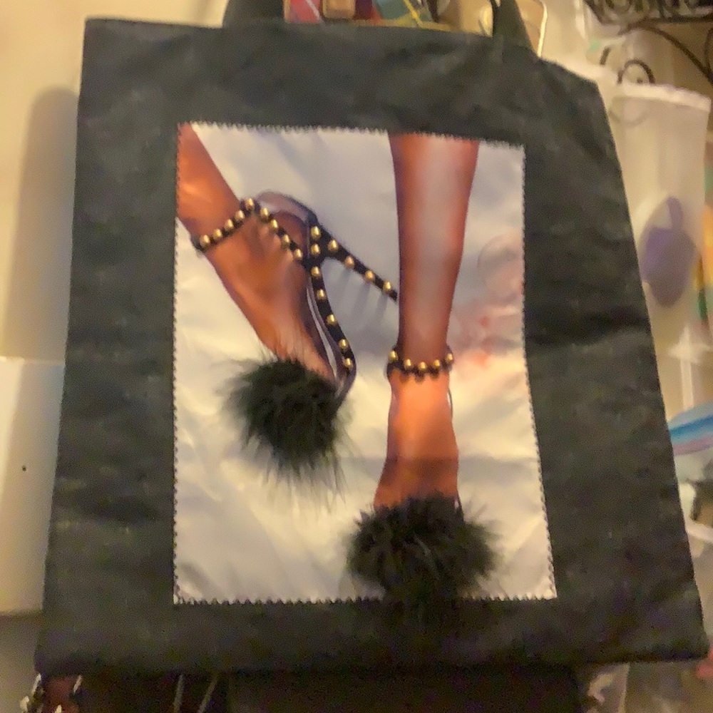 Beautiful High-Heeled Tote Bag, Reversible, adorned w/real pom-poms front & back